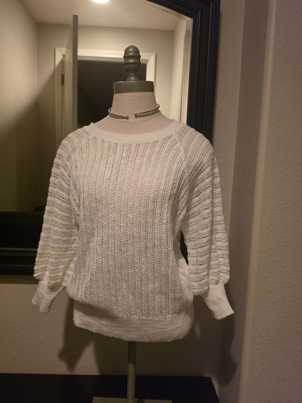 Express White Open-Knit Crewneck Sweater